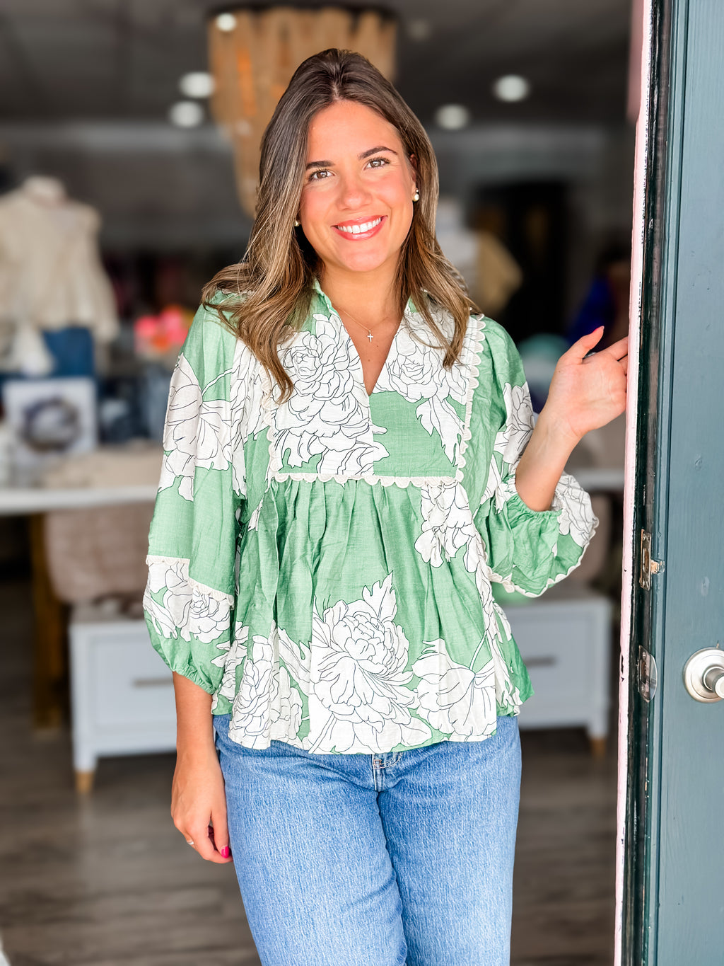 Green Fall Floral Top