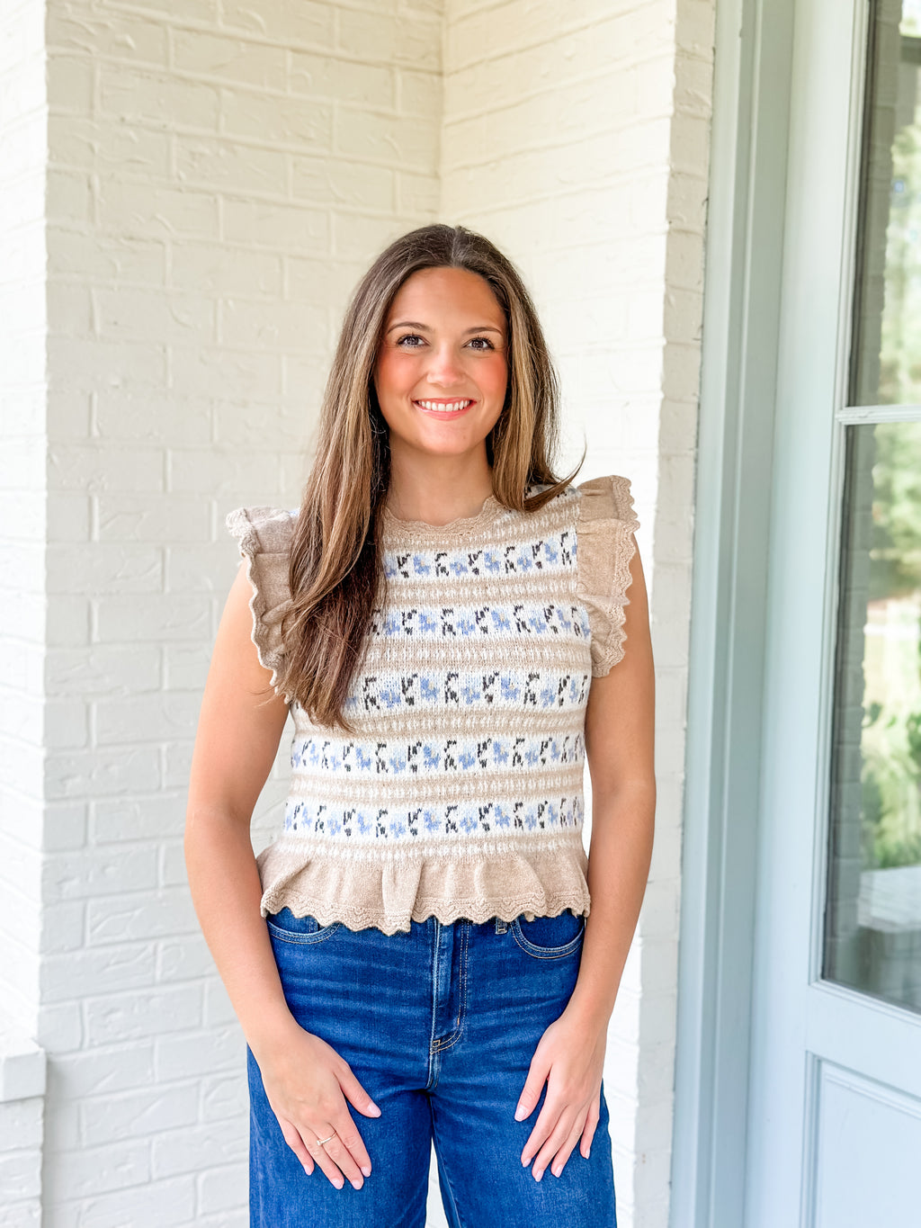 Jacquard Ruffle Knit Sweater