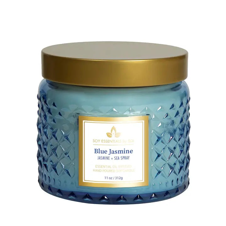 Blue jasmine glass jar soy candle.