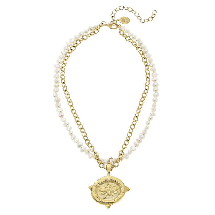 Gold Intaglio Bee with Freshwater pearl necklace
